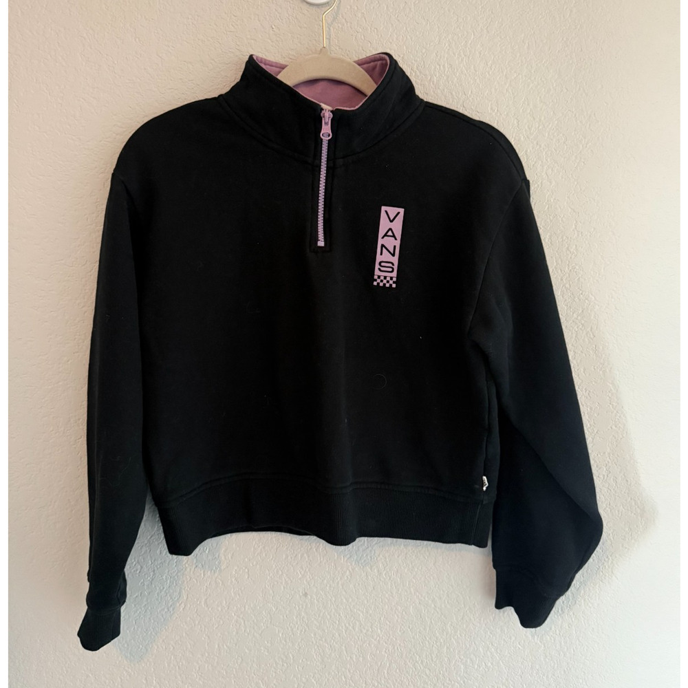 VANS Women's Quarter Zip Black Pink Cropped Pullover Sweatshirt Skate Street XS - Picture 4 of 10